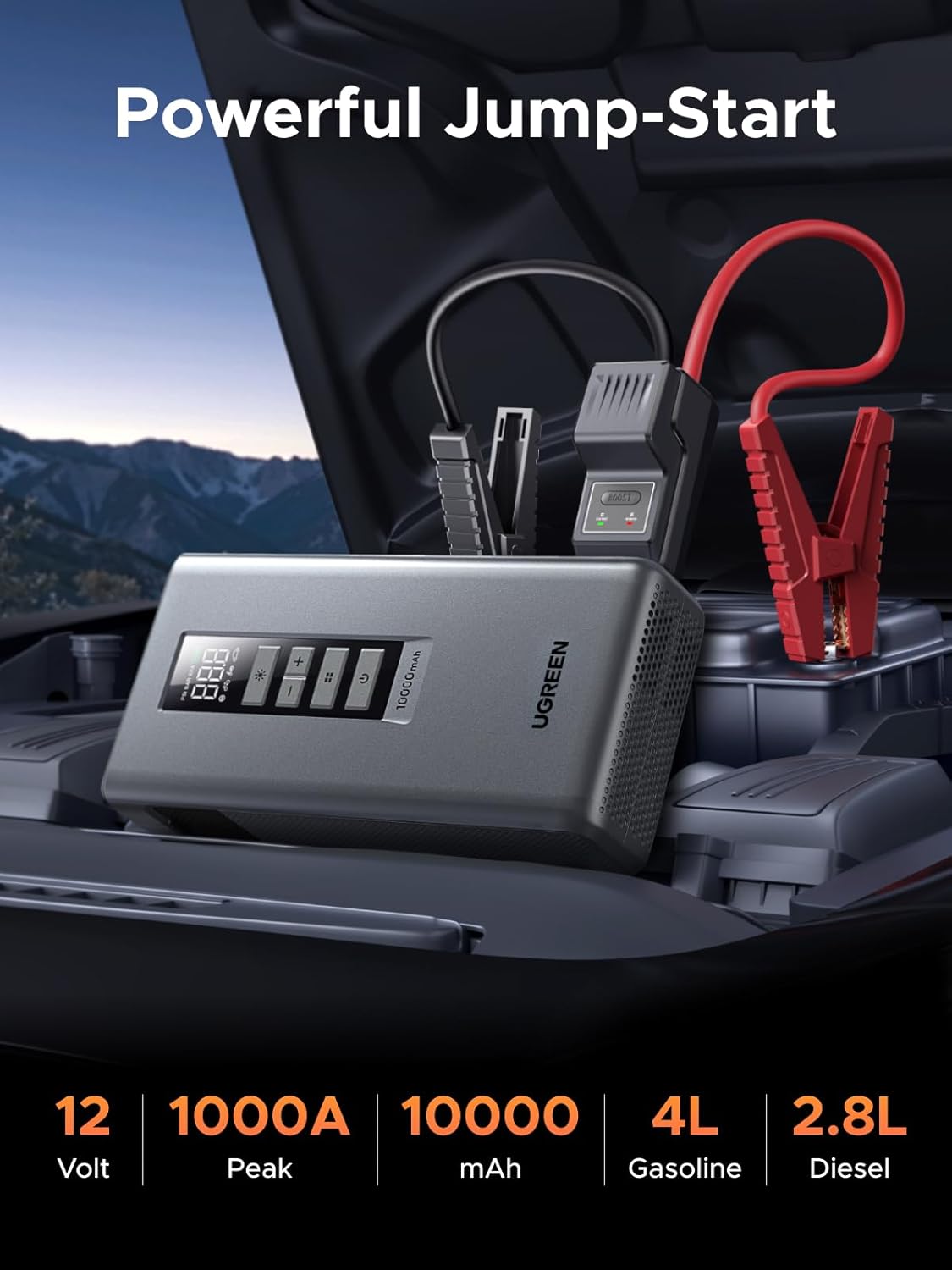 UGREEN Car Jump Starter with Air Compressor, Portable 12V Battery Booster 1000A Peak, 150 PSI Tire Inflator, Power Bank, 3-Mode LED Emergency Light