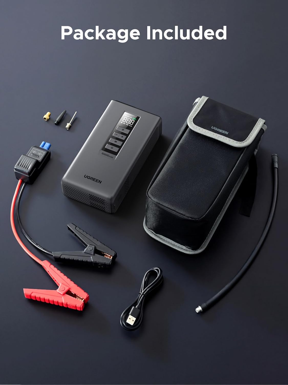 UGREEN Car Jump Starter with Air Compressor, Portable 12V Battery Booster 1000A Peak, 150 PSI Tire Inflator, Power Bank, 3-Mode LED Emergency Light