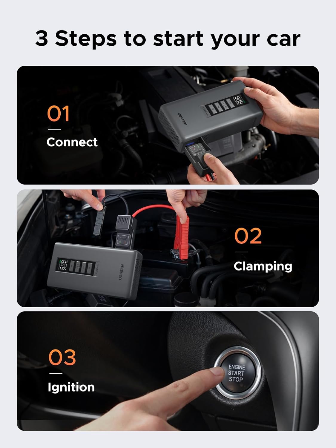 UGREEN Car Jump Starter with Air Compressor, Portable 12V Battery Booster 1000A Peak, 150 PSI Tire Inflator, Power Bank, 3-Mode LED Emergency Light