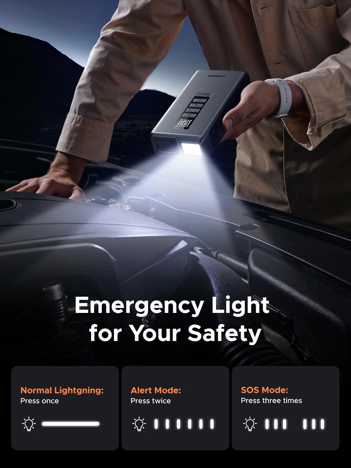 UGREEN Car Jump Starter with Air Compressor, Portable 12V Battery Booster 1000A Peak, 150 PSI Tire Inflator, Power Bank, 3-Mode LED Emergency Light