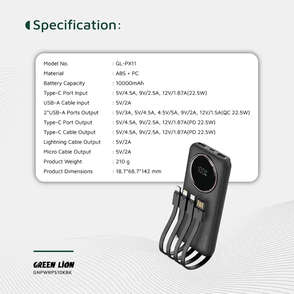 Green Lion Power Pulse 10000mAh Power Bank - Black