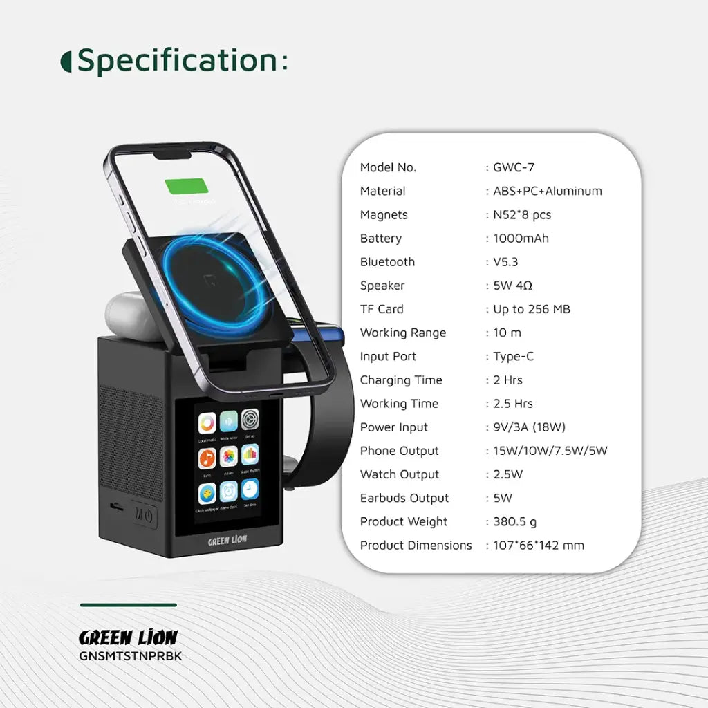 Green Lion Smart Station Pro LCD Display Wireless Charger with Speaker - Black