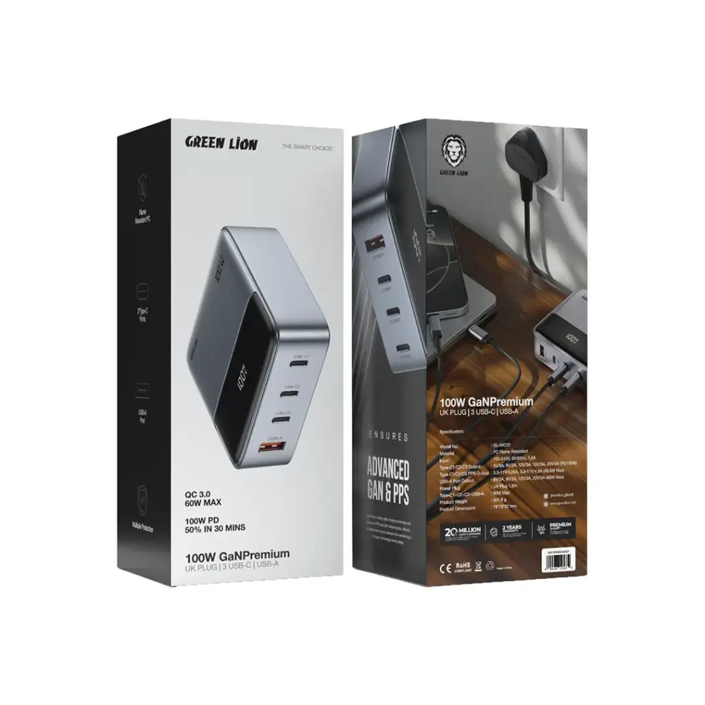 Green Lion 100W GaN Premium UK Plug Adapter - Gray (2)