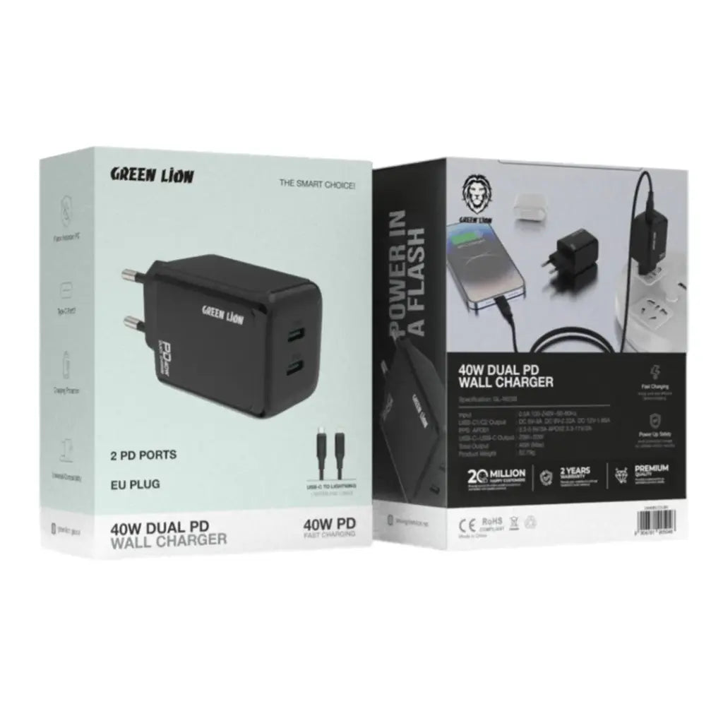 Green Lion 40W Dual PD Wall Charger With USB-C To Lightning Cable 1m EU - Black (3)