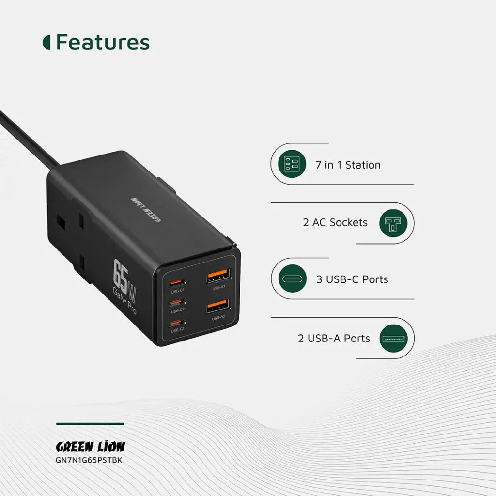 Green Lion 7 In 1 GaN 65W Power Strip - Black (3)