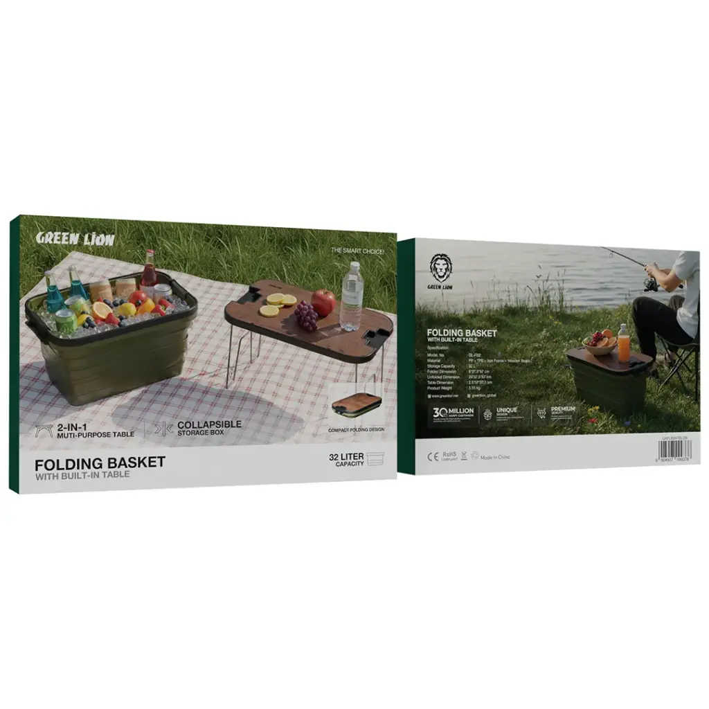Green Lion Folding Basket With Built-In Table - Green folded
