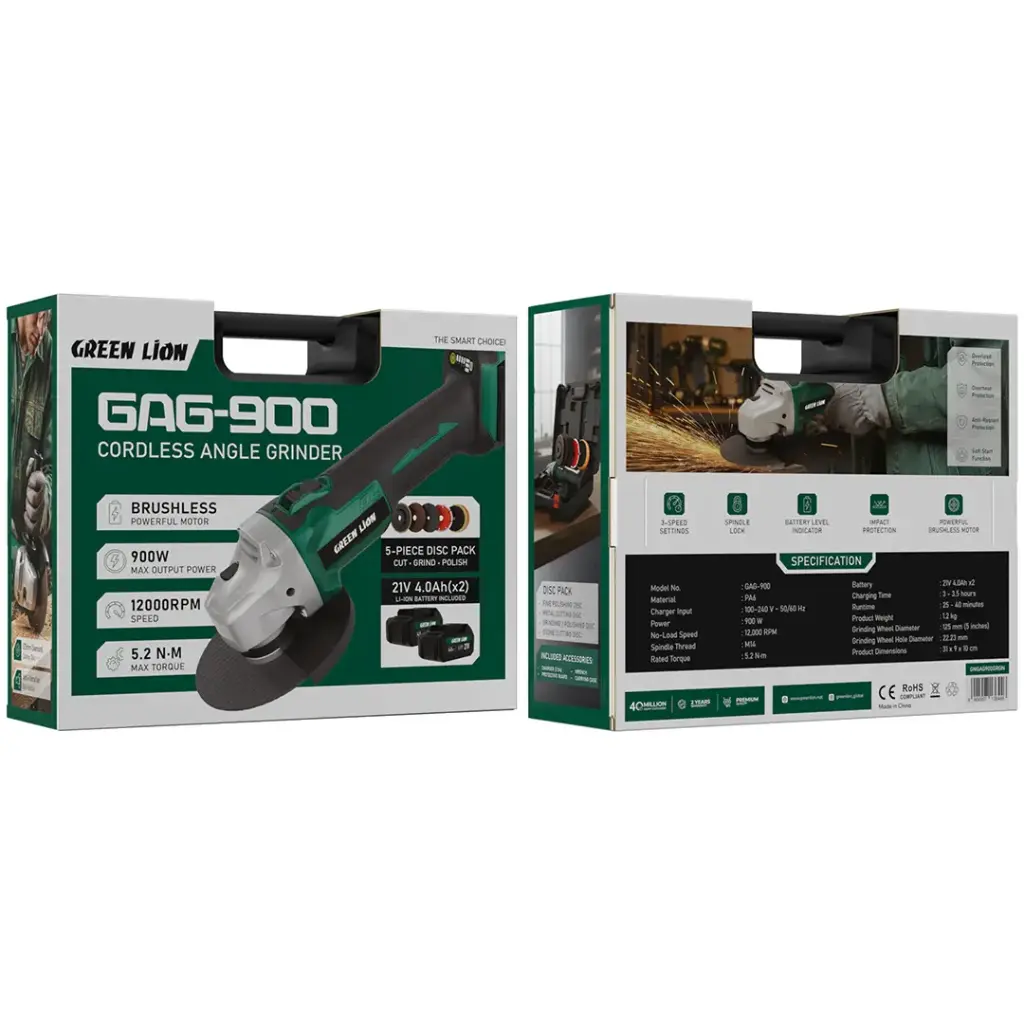 Green Lion GAG-900 Cordless Angle Grinder - Green (9)