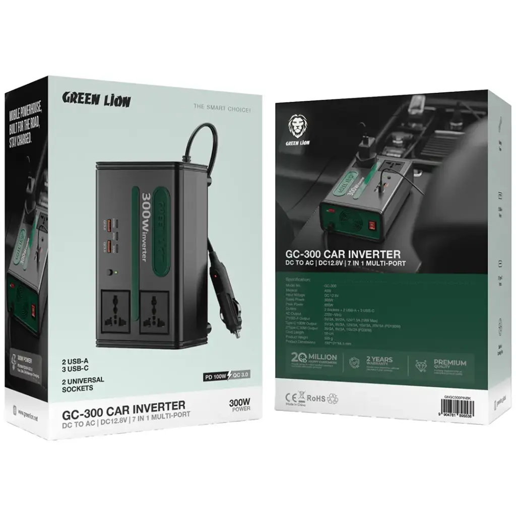 Green Lion GC-300 Car Inverter 7-In-1 Multi-Port - Black