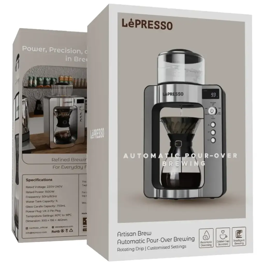 Lepresso Artisan Brew Automatic Pour-Over Brewing with Rotating Drip & Customized Settings - Silver