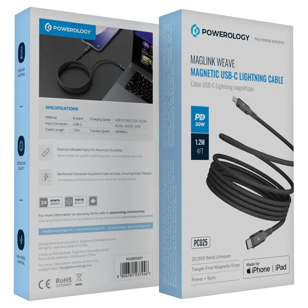 Powerology Malinka Weave Magnetic USB-C to Lightning Cable 1.2m PD 30W – Gray