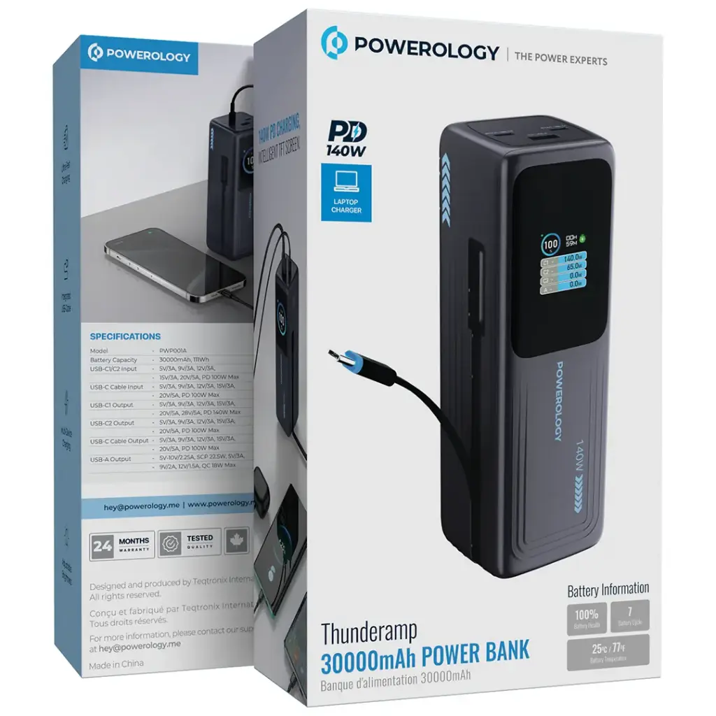 Powerology Thunderamp 30000mAh 140W Power Bank with TFT Display – Gray