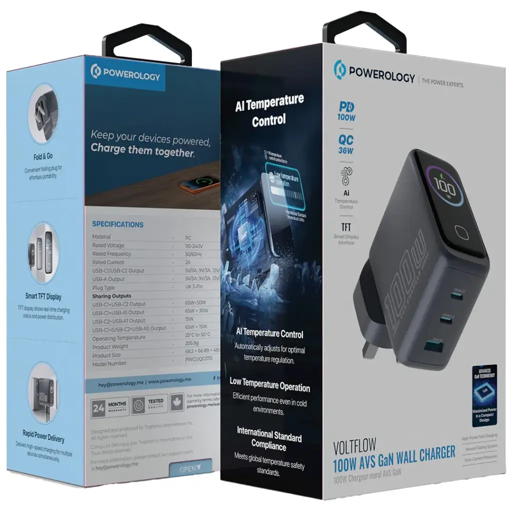 Powerology Voltflow 100W AVS GaN Wall Charger – Gray