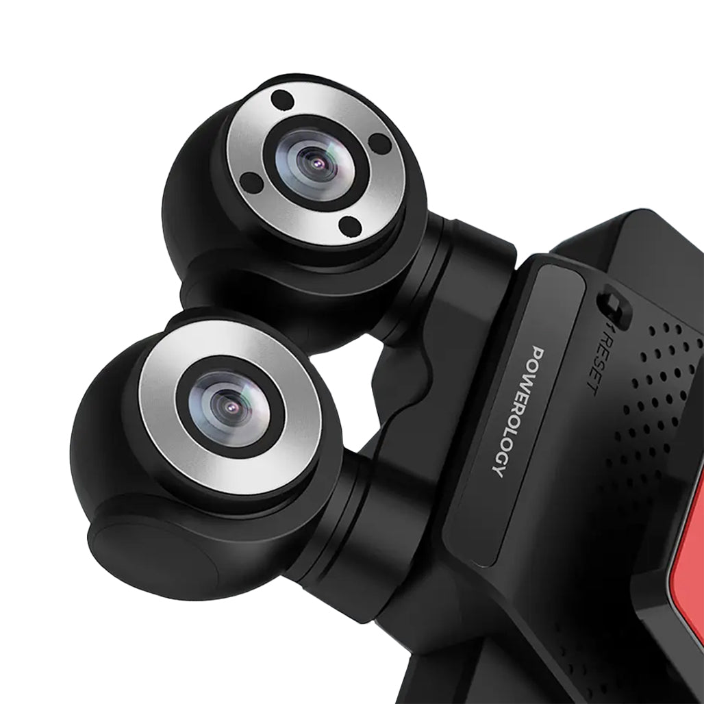Powerology dual lens dash camera showing front and interior lenses