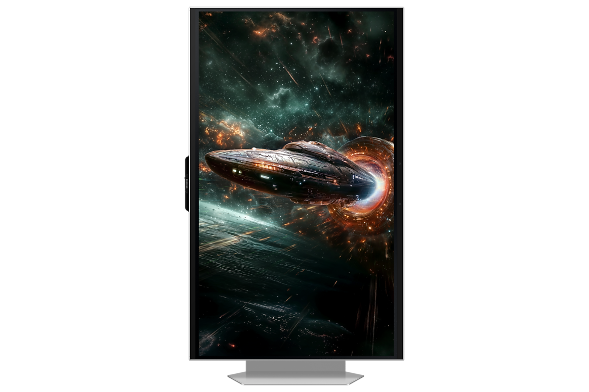 Samsung Odyssey 3D G90XF gaming monitor pivoted into portrait