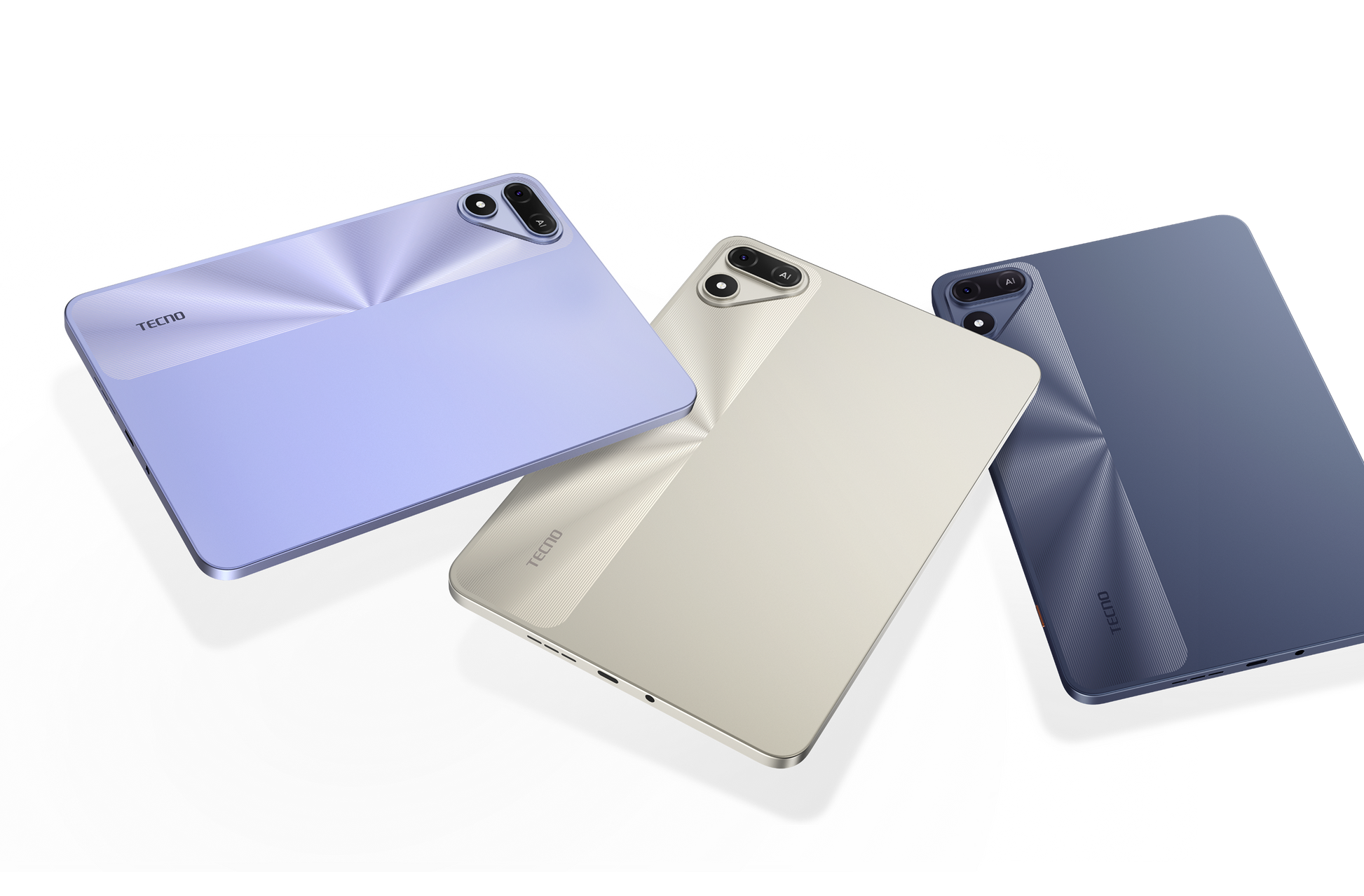 TECNO Megapad SE2 tablet back view in Iris Purple, Sandy Titanium and Deep Grey
