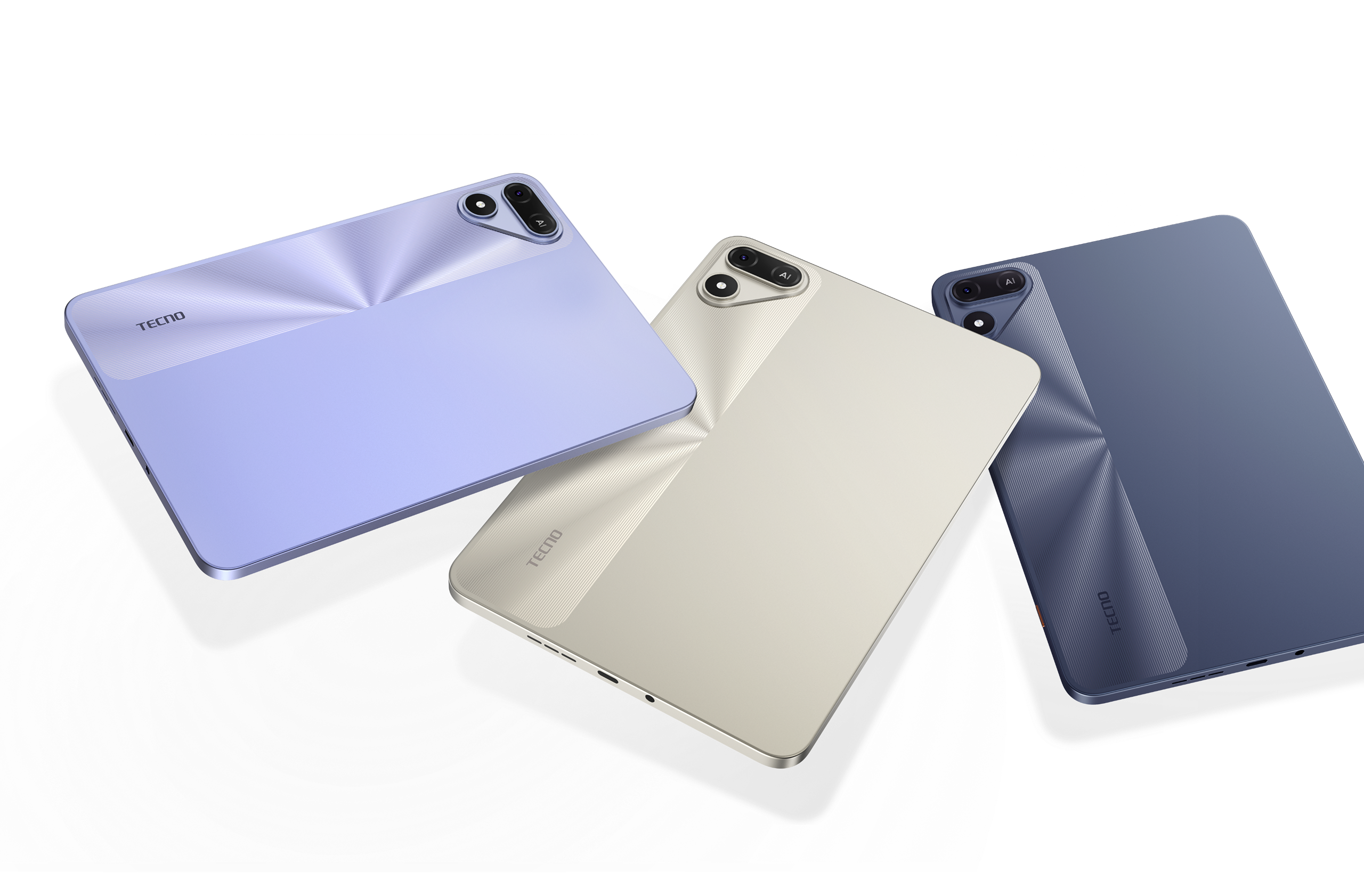 TECNO Megapad SE2 tablet back view in Iris Purple, Sandy Titanium and Deep Grey