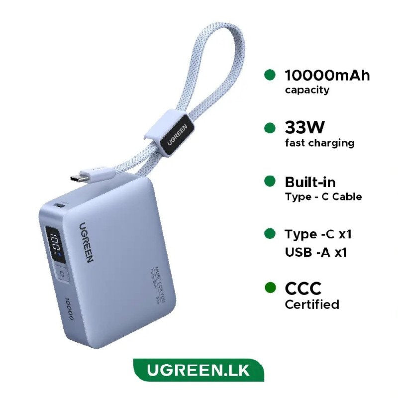 UGREEN 10000mAh 33W Ultra-Compact Power Bank with Built-In Cable