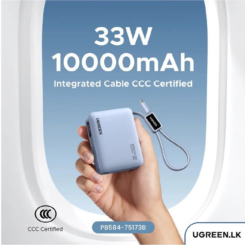 UGREEN 10000mAh 33W Ultra-Compact Power Bank with Built-In Cable