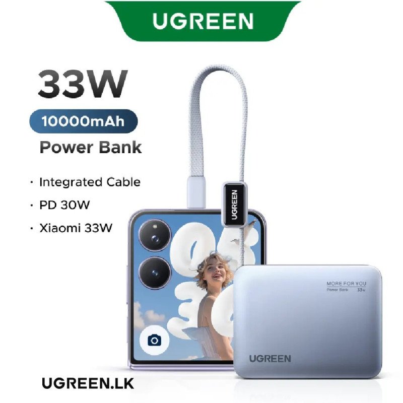UGREEN 10000mAh 33W Ultra-Compact Power Bank with Built-In Cable