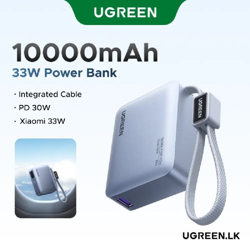 UGREEN 10000mAh 33W Ultra-Compact Power Bank with Built-In Cable