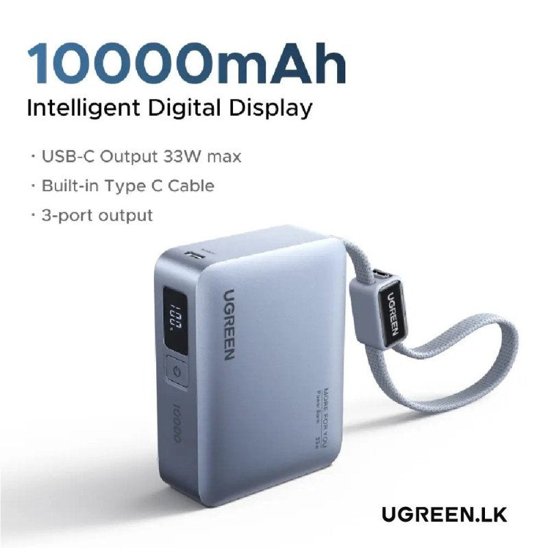UGREEN 10000mAh 33W Ultra-Compact Power Bank with Built-In Cable