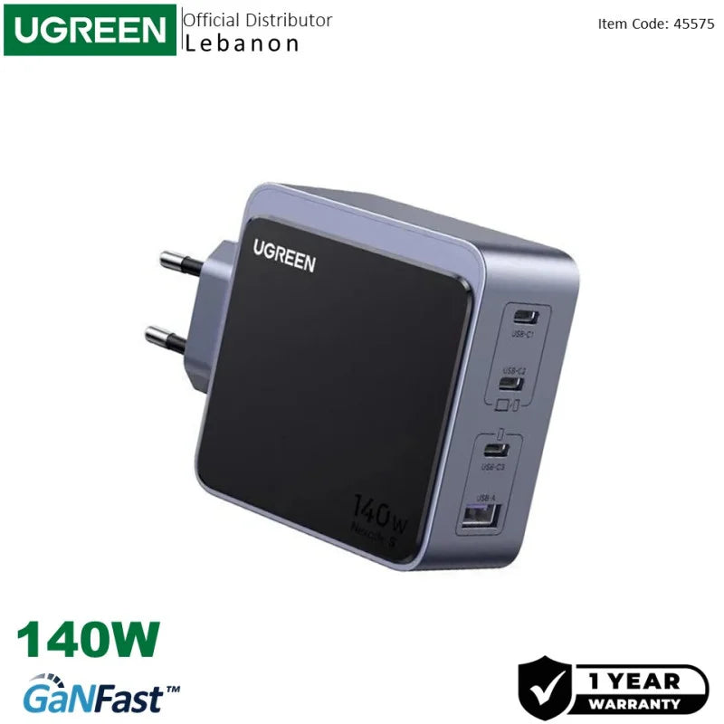 UGREEN 140W GaN Tech, 4 Ports Charger for Phones, Tablets, Laptops & MacBooks with Smart power adjustment