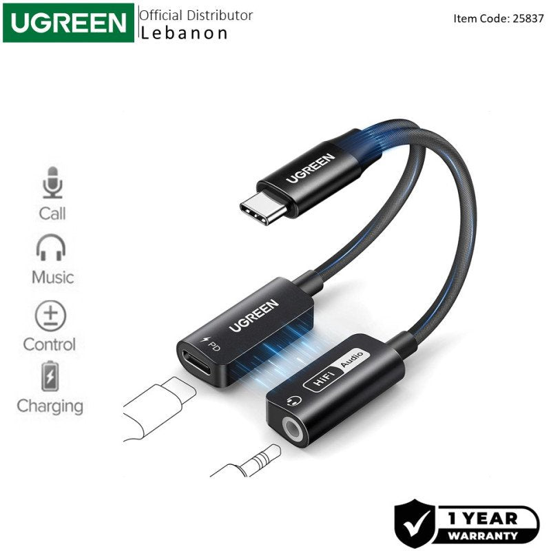 UGREEN CM721 2-in-1 USB-C to 3.5mm Hi-Res Audio and Charging Adapter