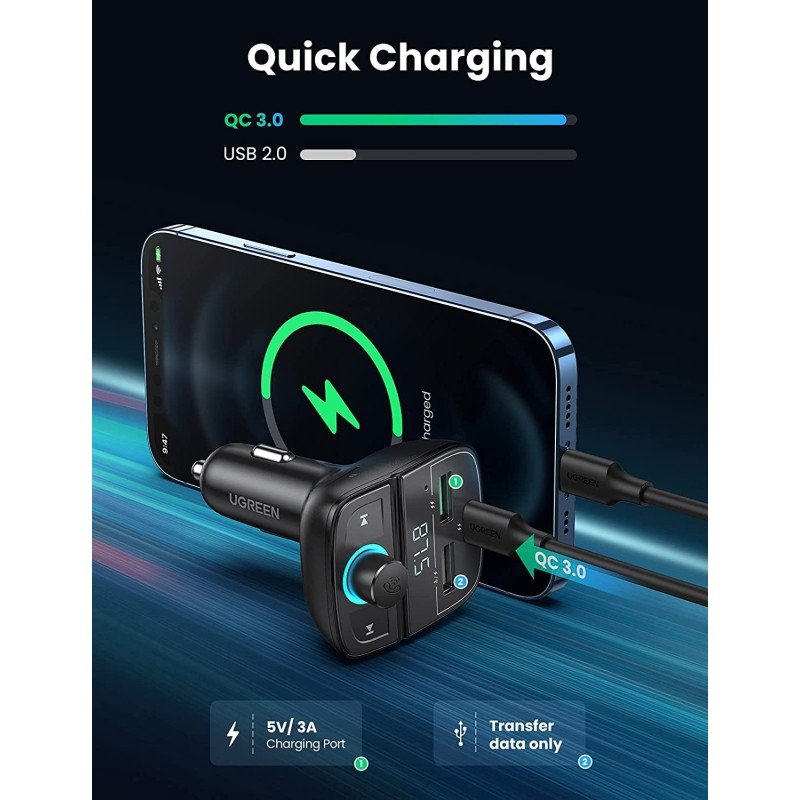 UGREEN 31.5W PD Fast Car Charger with Bluetooth FM Transmitter, USB & TF Card MP3 Player