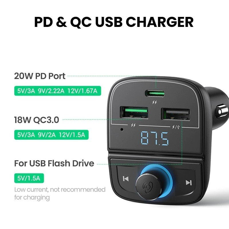 UGREEN 31.5W PD Fast Car Charger with Bluetooth FM Transmitter, USB & TF Card MP3 Player