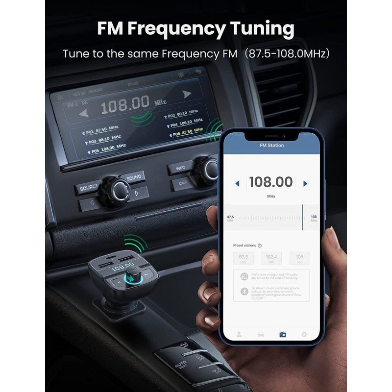 UGREEN 31.5W PD Fast Car Charger with Bluetooth FM Transmitter, USB & TF Card MP3 Player