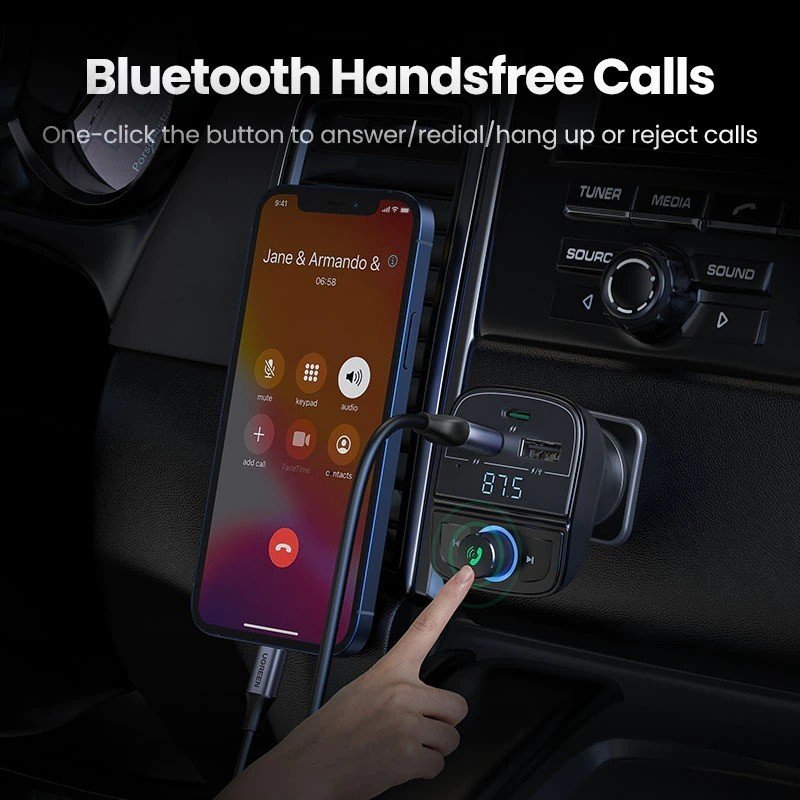 UGREEN 31.5W PD Fast Car Charger with Bluetooth FM Transmitter, USB & TF Card MP3 Player