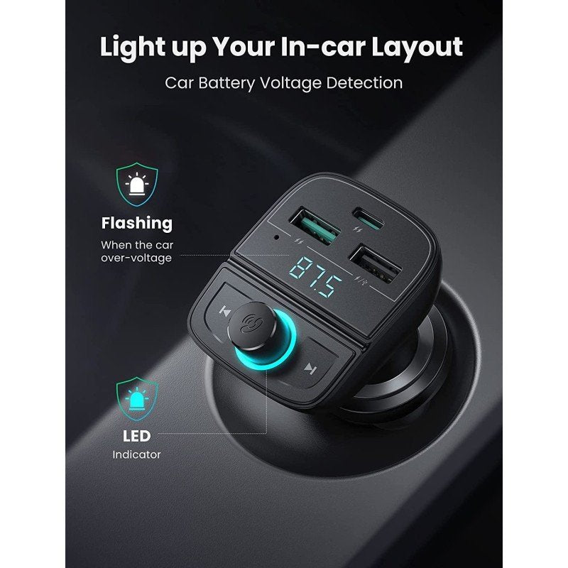 UGREEN 31.5W PD Fast Car Charger with Bluetooth FM Transmitter, USB & TF Card MP3 Player