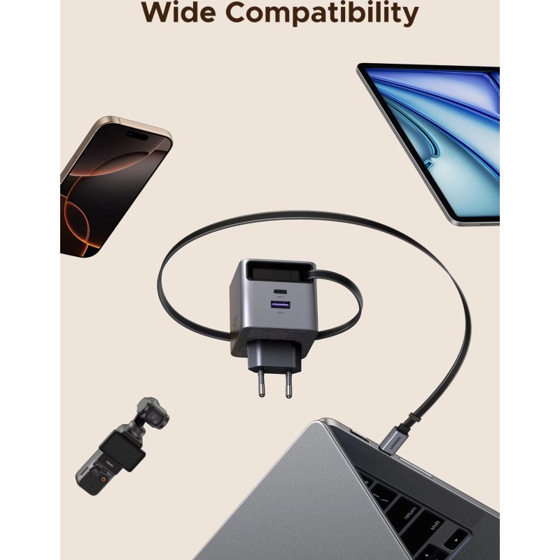 UGREEN 45W GaN USB-C Charger, 3-Port Fast Adapter with Retractable USB-C Cable