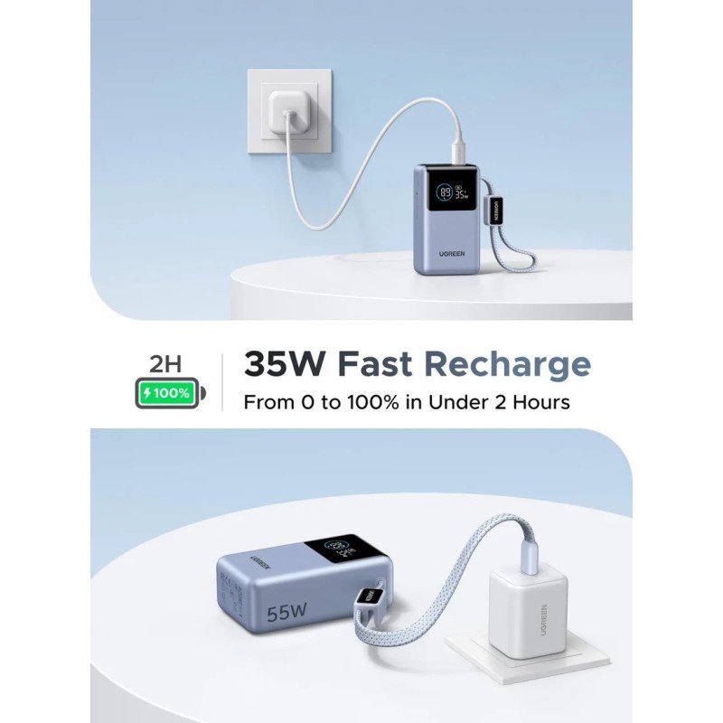 UGREEN Nexode Pro 55W Power Bank, 10000mAh, Built-In Cable, Smart Display, 3 Port Charging