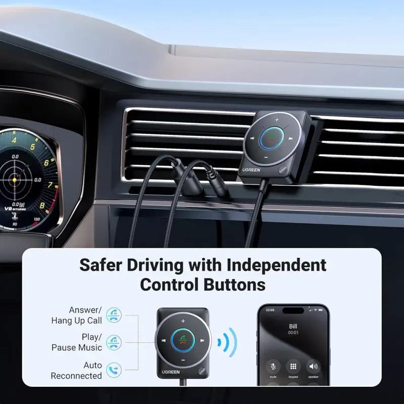 UGREEN Bluetooth 5.4 Car Aux Adapter – Noise-Cancelling, Stable Connection, and Dual Device Support