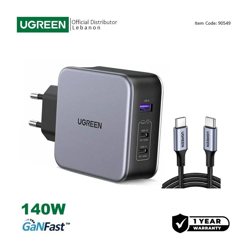 UGREEN NEXODE 140W GaN Tech Chip, 3 Ports Charger for Phones, Tablets, Ipads, Laptops & MacBooks