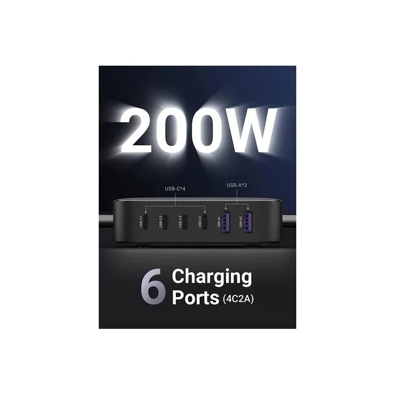 UGREEN NEXODE 200W GaNInfinity Chip, 6 Ports Charger for Phones, Tablets, Ipads, Laptops & MacBooks