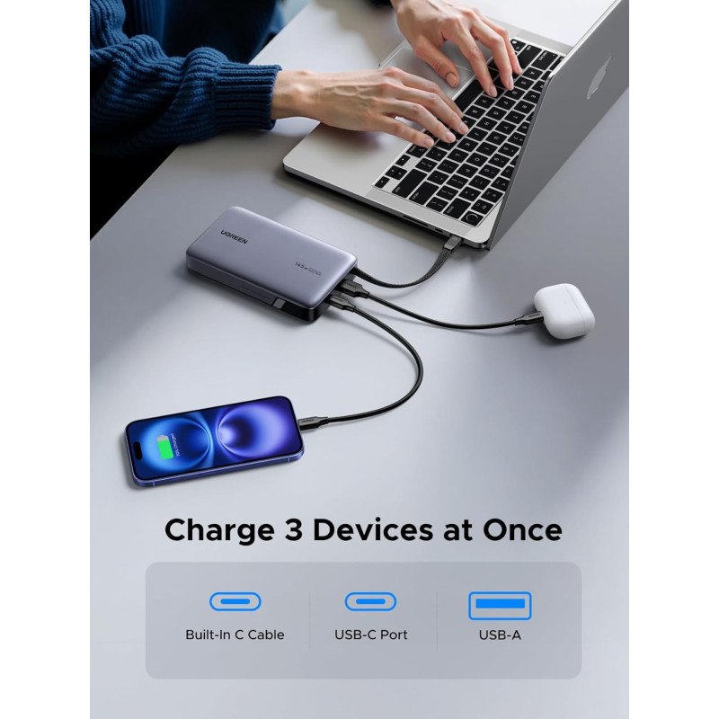 UGREEN Nexode 145W Power Bank, 3 Ports, 20000mAh, Built-In Cable, Fast Charging for Laptops, MacBooks, Smartphones &amp; Tablets