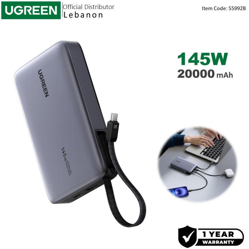 UGREEN Nexode 145W Power Bank, 3 Ports, 20000mAh, Built-In Cable, Fast Charging for Laptops, MacBooks, Smartphones &amp; Tablets