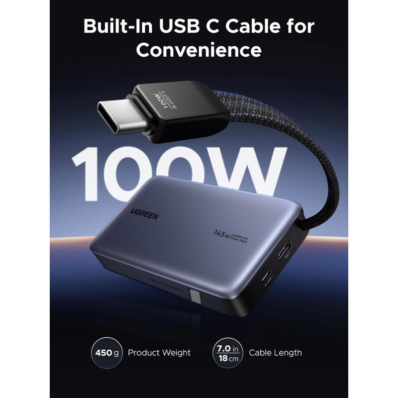 UGREEN Nexode 145W Power Bank, 3 Ports, 20000mAh, Built-In Cable, Fast Charging for Laptops, MacBooks, Smartphones &amp; Tablets