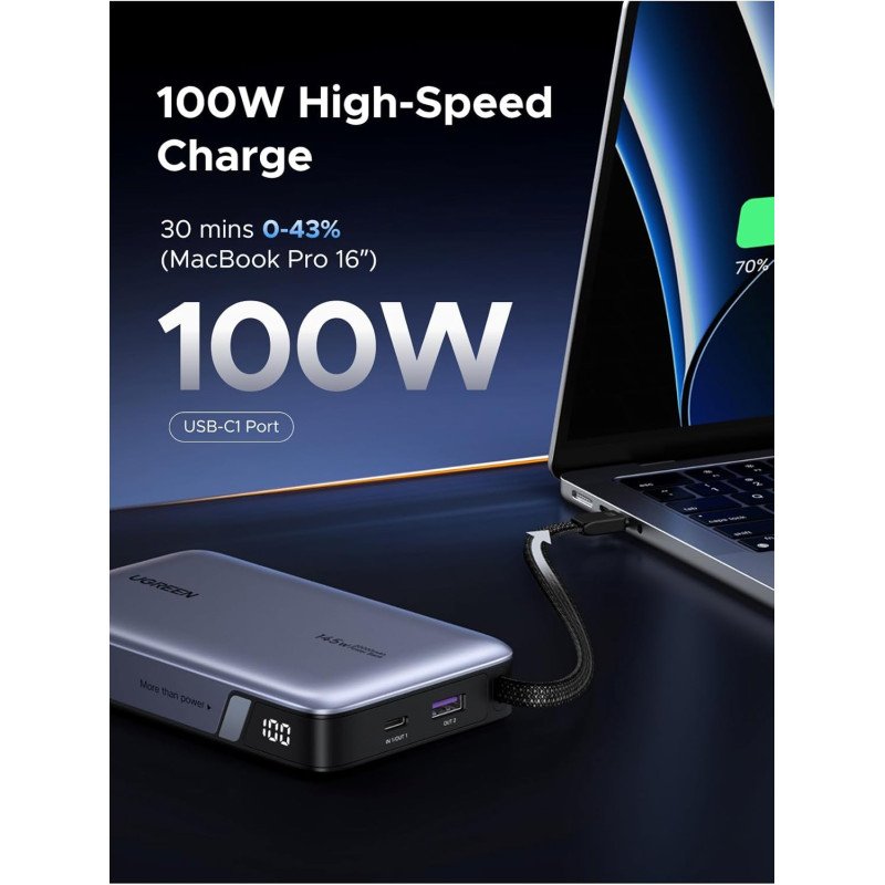 UGREEN Nexode 145W Power Bank, 3 Ports, 20000mAh, Built-In Cable, Fast Charging for Laptops, MacBooks, Smartphones &amp; Tablets