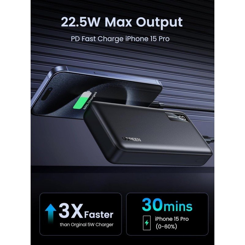 UGREEN 22.5W PD Power Bank, 3 Ports, 20000mAh, Smart Digital Display, Fast Charging for Phones, Tablets &amp; iPads
