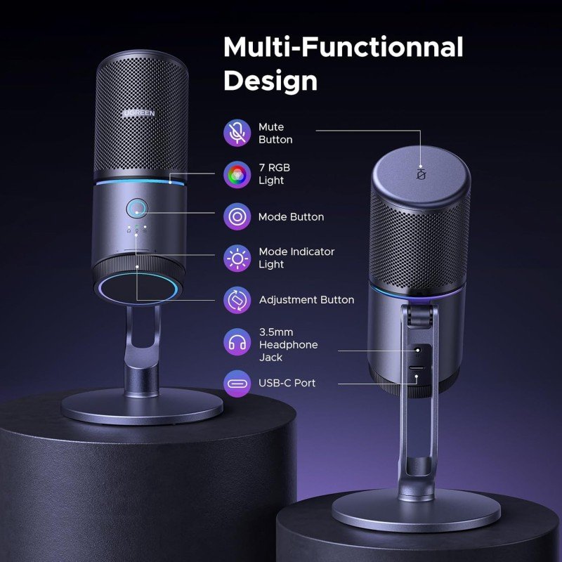 UGREEN USB Microphone with RGB Lights for Streaming, Gaming & Podcasting